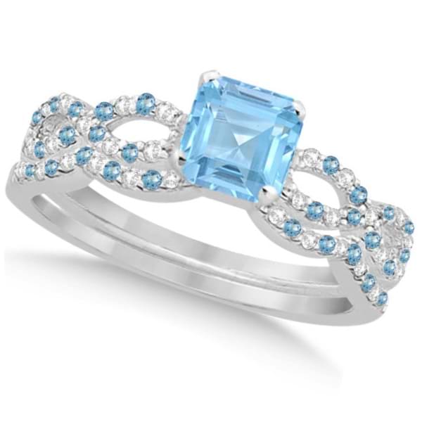 Blue Topaz & Diamond Princess Infinity Bridal Set 14k W. Gold 1.74ct