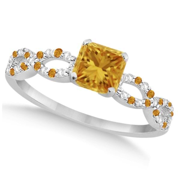 Diamond & Citrine Princess Infinity Engagement Ring 14k W. Gold 1.50ct