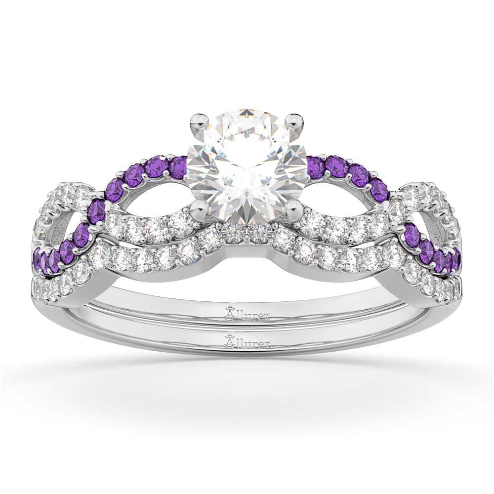 Infinity Diamond & Amethyst Engagement Ring Set 14k White Gold 0.34ct