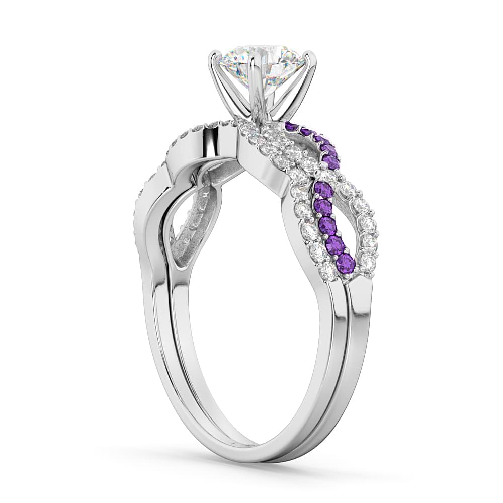 Infinity Diamond & Amethyst Engagement Ring Set 14k White Gold 0.34ct