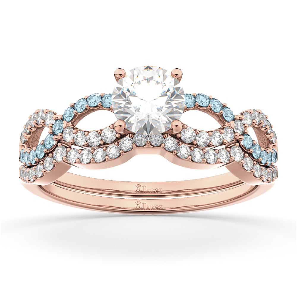 Infinity Diamond & Aquamarine Engagement Ring Set 18k Rose Gold 0.34ct