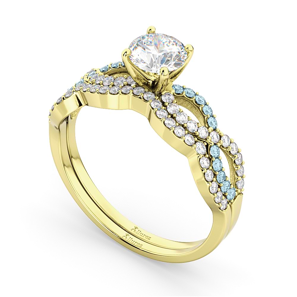 Infinity Diamond & Aquamarine Engagement Ring Set 18k Yellow Gold 0.34ct