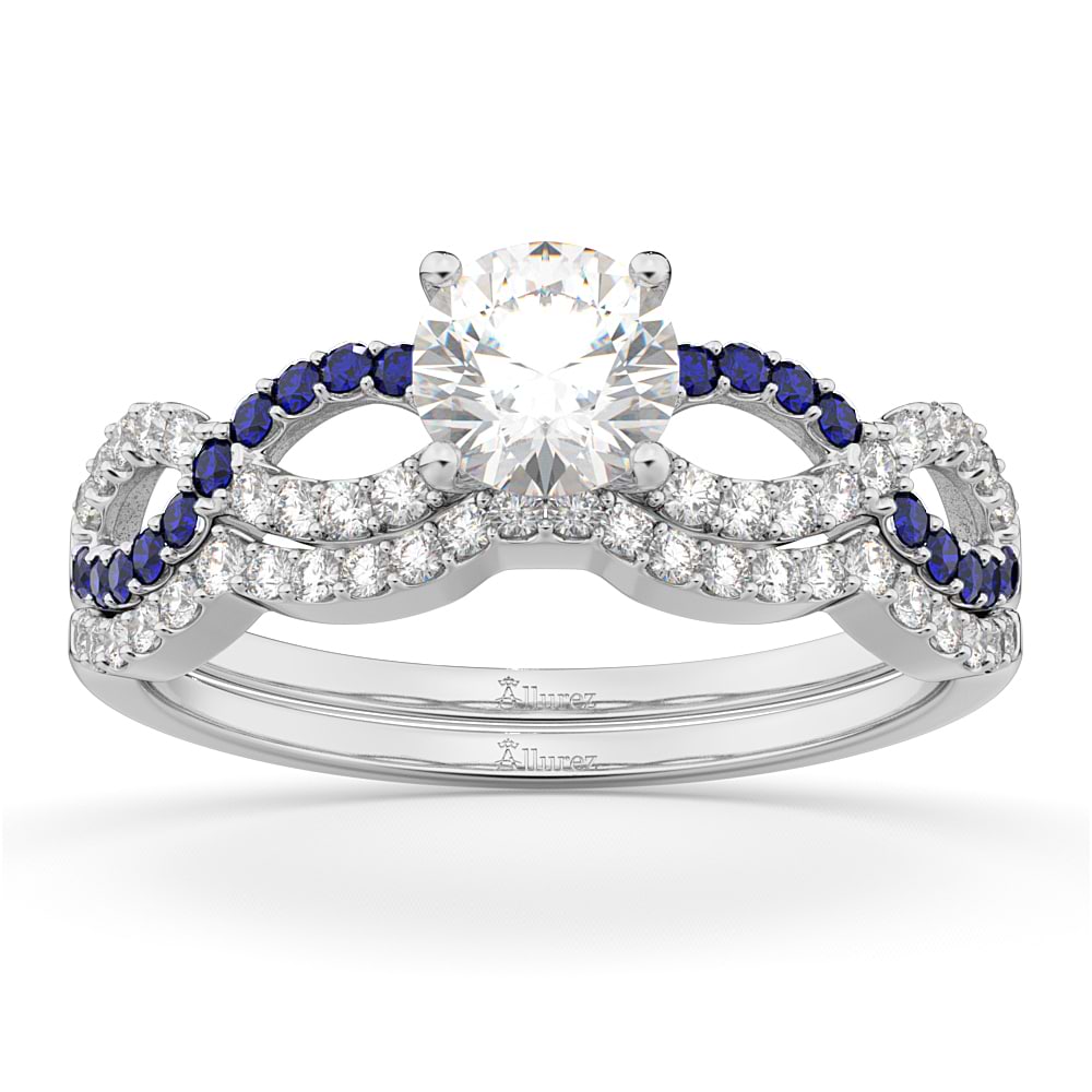 Infinity Diamond & Blue Sapphire Ring Bridal Set in Palladium 0.34ct