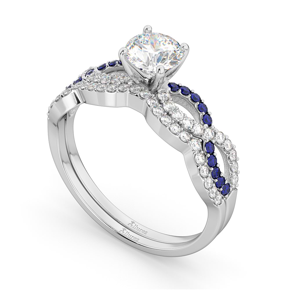 Infinity Diamond & Blue Sapphire Ring Bridal Set in platinum 0.34ct