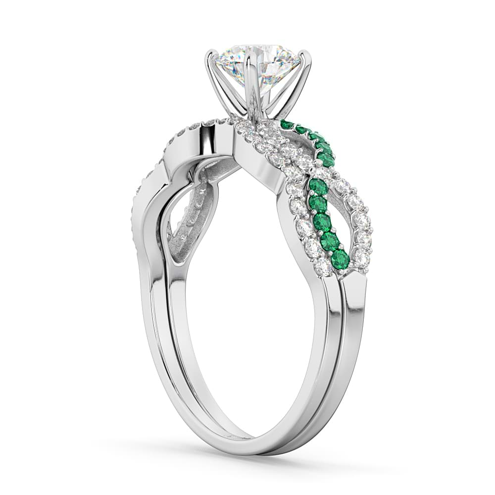 Infinity Diamond & Emerald Engagement Ring Set 14k White Gold 0.34ct ...