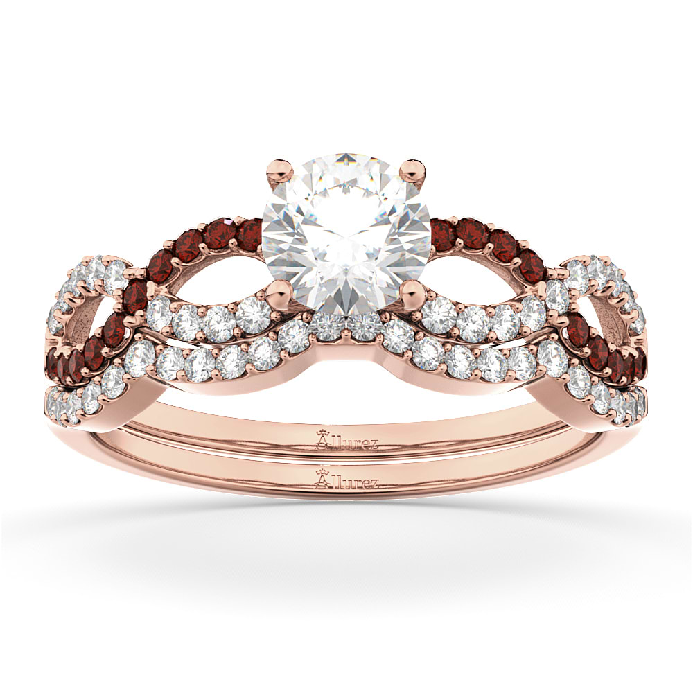 Infinity Diamond & Garnet Engagement Ring Set 14k Rose Gold 0.34ct