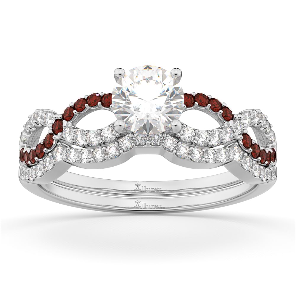 Infinity Diamond & Garnet Engagement Ring Set 14k White Gold 0.34ct
