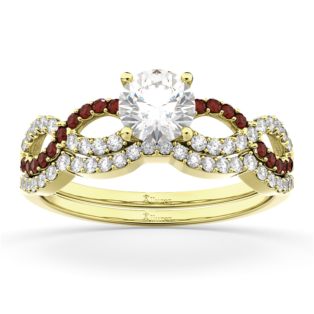 Infinity Diamond & Garnet Engagement Ring Set 18k Yellow Gold 0.34ct