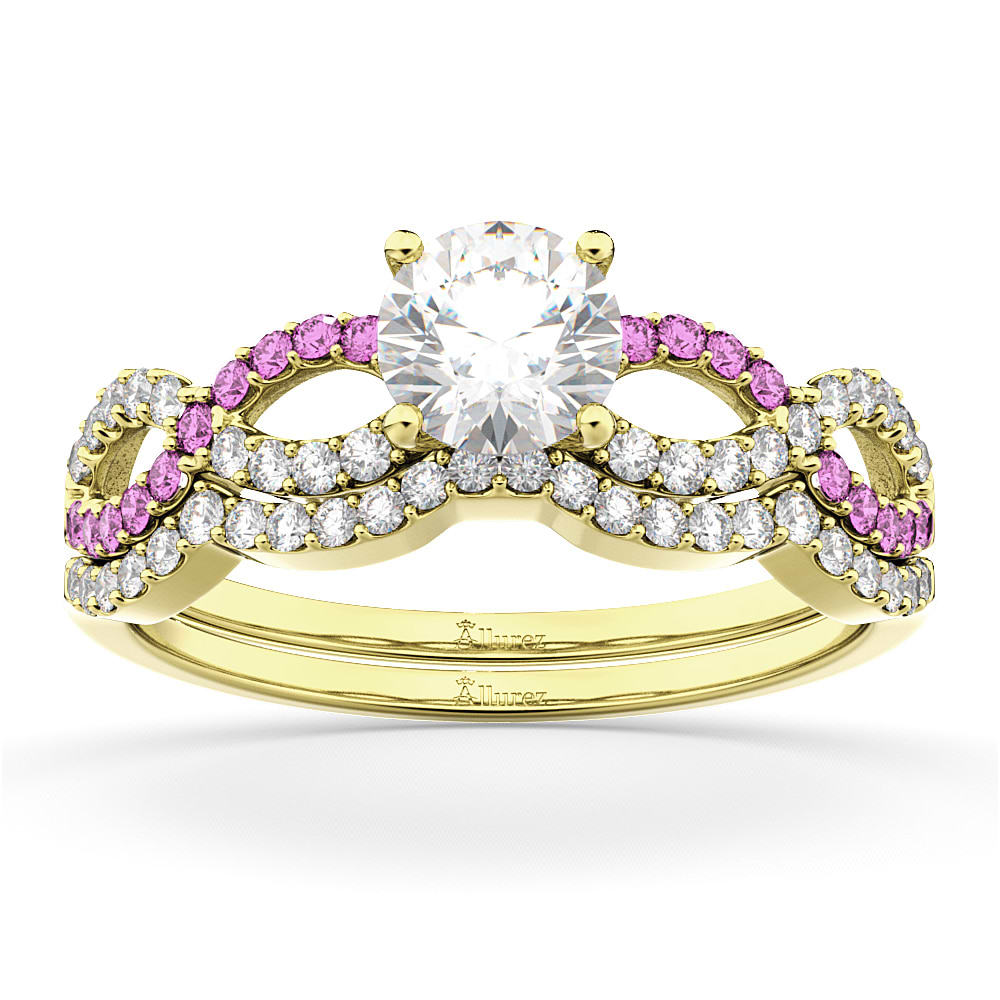 Infinity Diamond & Pink Sapphire Bridal Set in 14K Yellow Gold 0.34ct