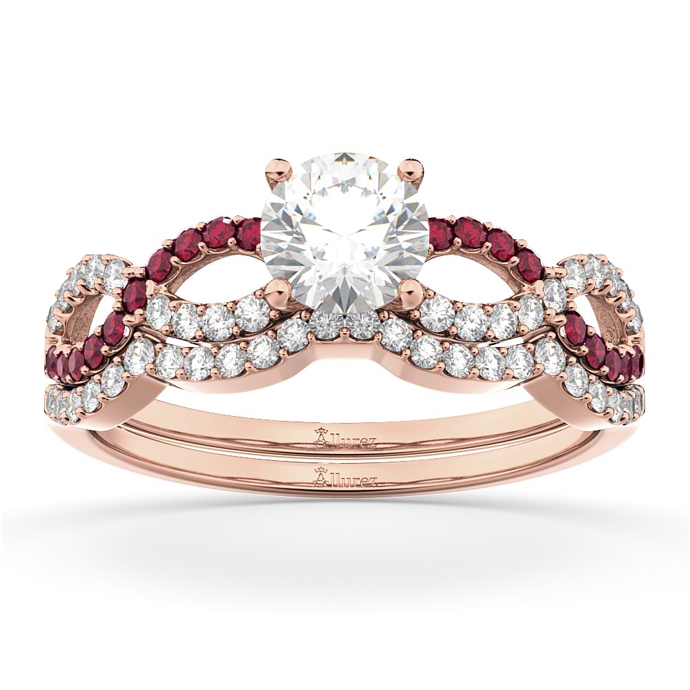 Infinity Diamond & Ruby Engagement Ring Set 18k Rose Gold 0.34ct