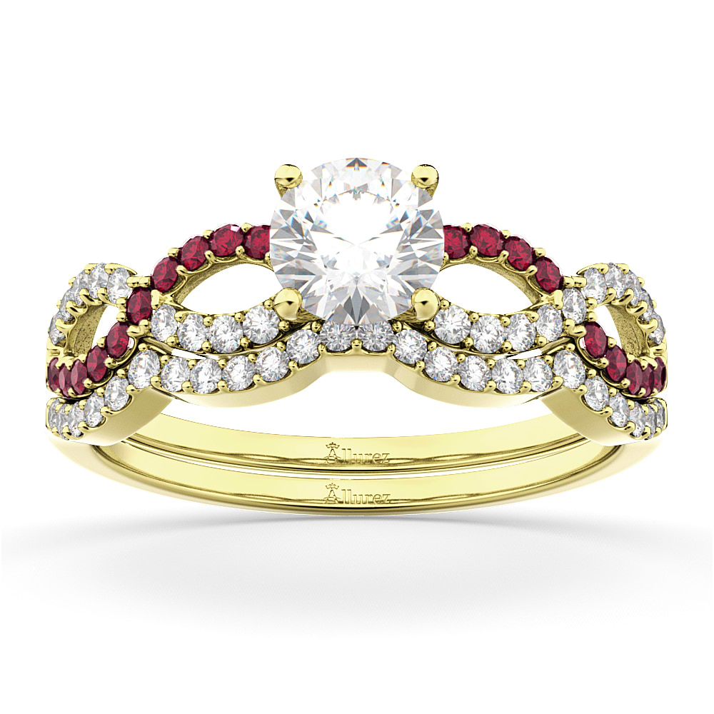 Infinity Diamond & Ruby Engagement Ring Set 18K Yellow Gold 0.34ct