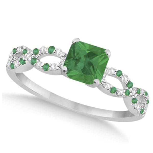Diamond & Emerald Princess Infinity Engagement Ring 14k W. Gold 1.31ct