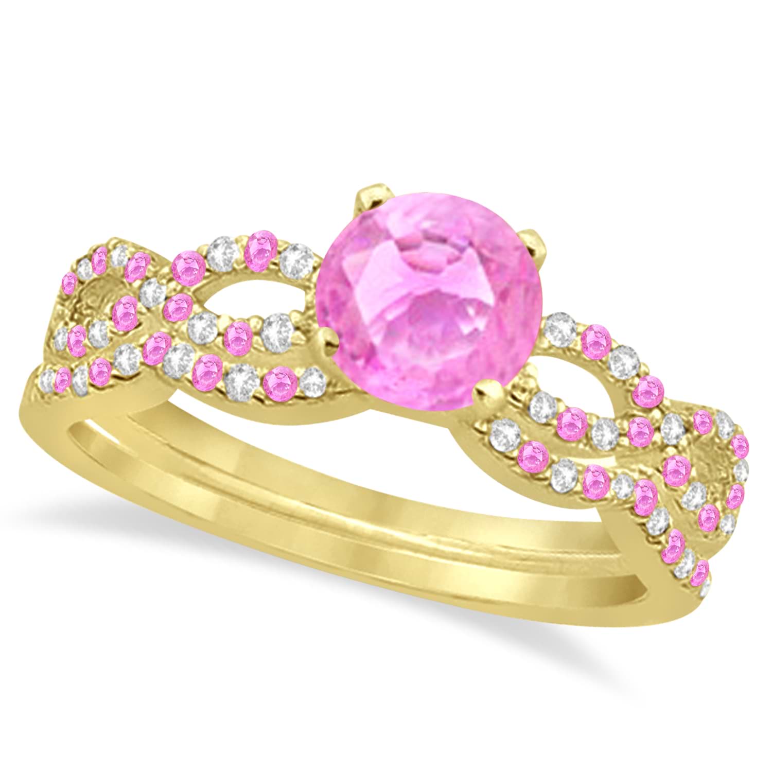 Diamond & Pink Sapphire Infinity Style Bridal Set 14k Yellow Gold 2.24ct