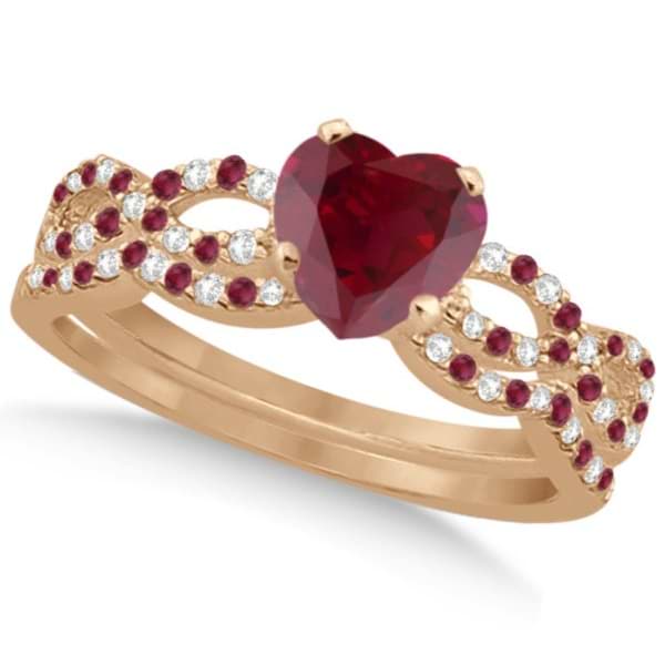 Ruby & Diamond Heart Infinity Heart Bridal Set 14k Rose Gold 1.75ct