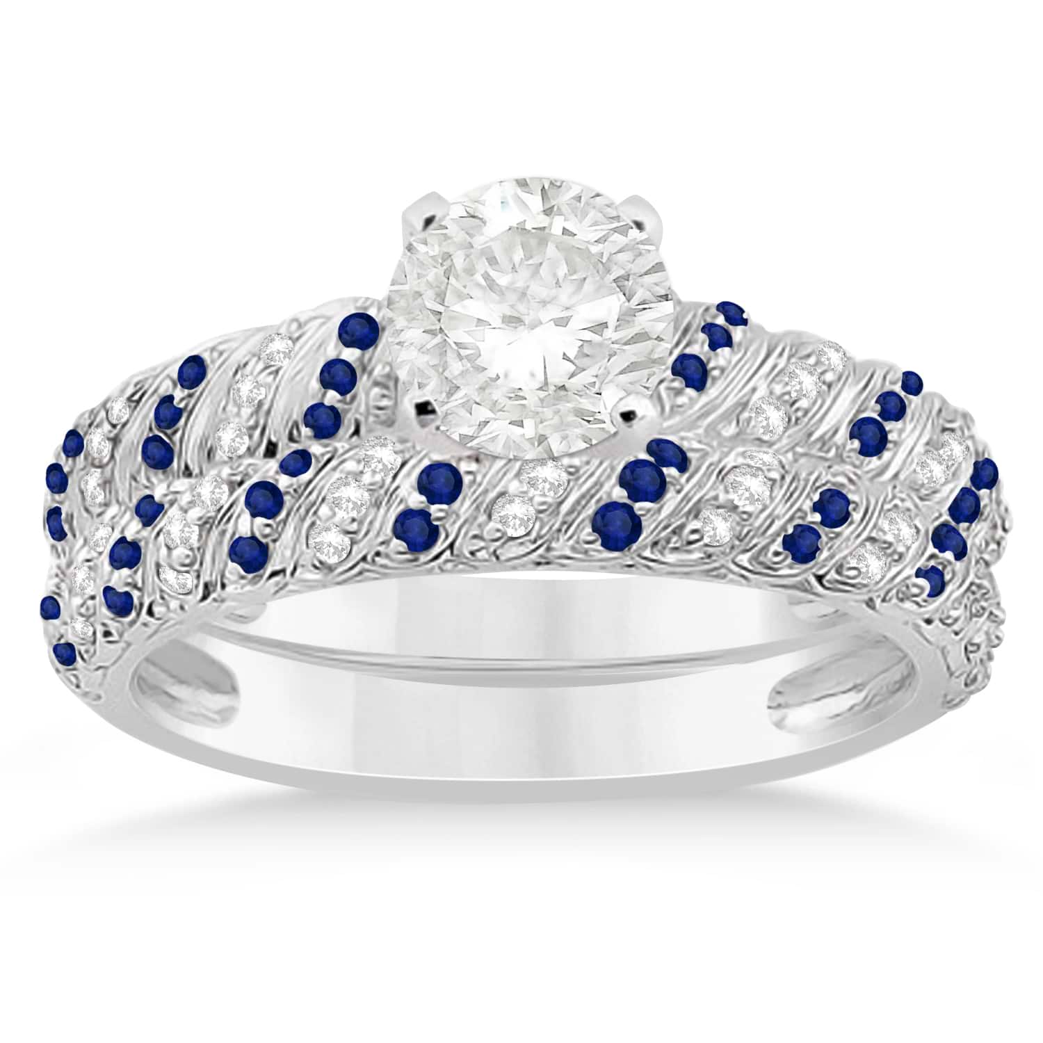 Blue Sapphire & Diamond Swirl Bridal Set Setting 18k White Gold 0.41ct
