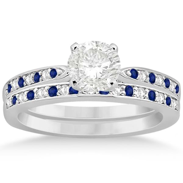 Blue Sapphire & Diamond Engagement Ring Set 14k White Gold (0.55ct)
