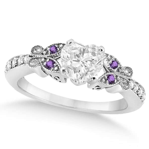 Heart Diamond & Amethyst Butterfly Engagement Ring 14k W Gold (1.50ct)