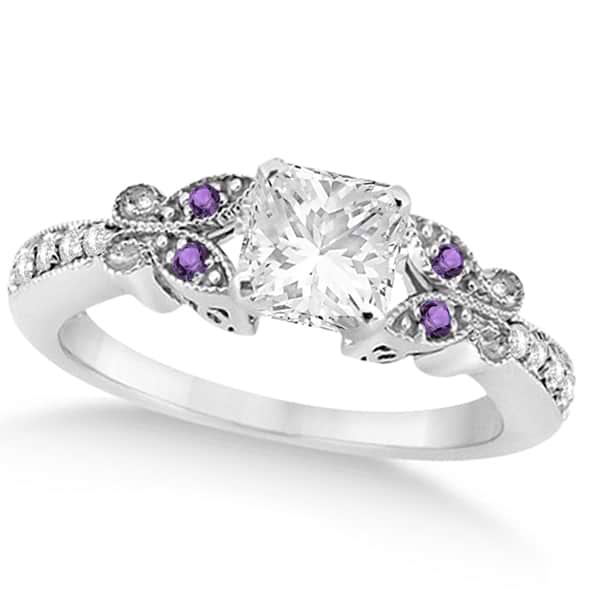 Princess Diamond & Amethyst Butterfly Engagement Ring 14k W Gold (1.50ct)