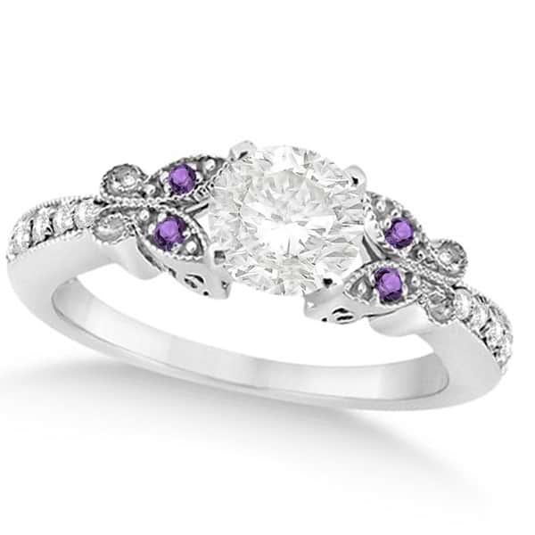 Round Diamond & Amethyst Butterfly Engagement Ring 14k W Gold (0.50ct)