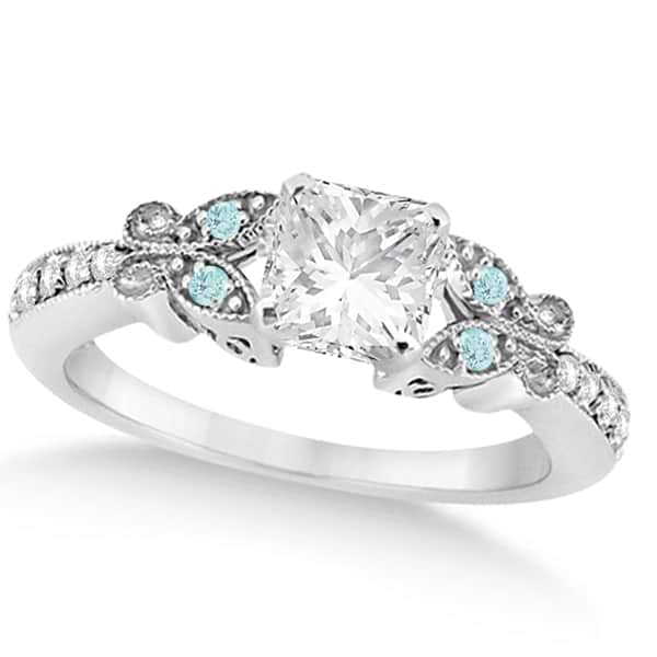 Princess Diamond & Aquamarine Butterfly Engagement Ring 14k W Gold 0.75ct