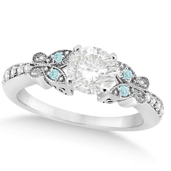 Round Diamond & Aquamarine Butterfly Engagement Ring 14k W Gold (1.00ct)