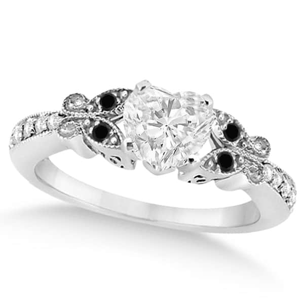 Black & White Diamond Heart Butterfly Engagement Ring 14k W Gold 0.75ct