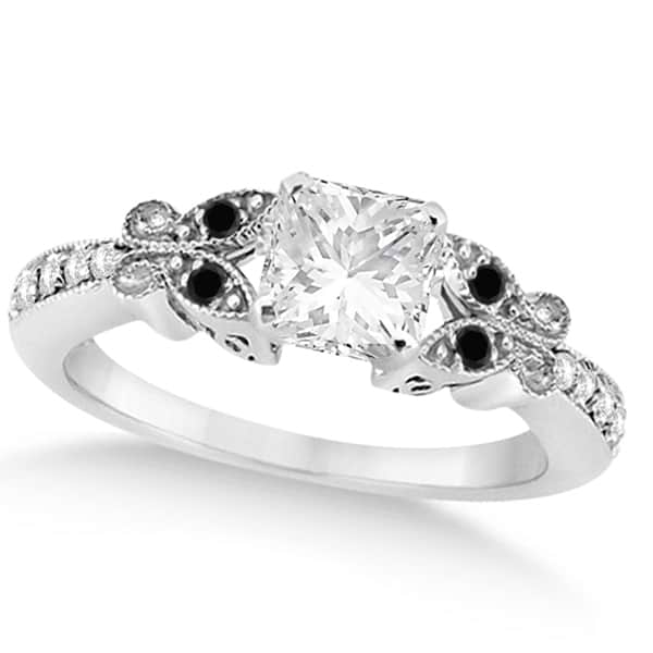 Black & White Diamond Princess Butterfly Engagement Ring 14k W Gold 0.75ct