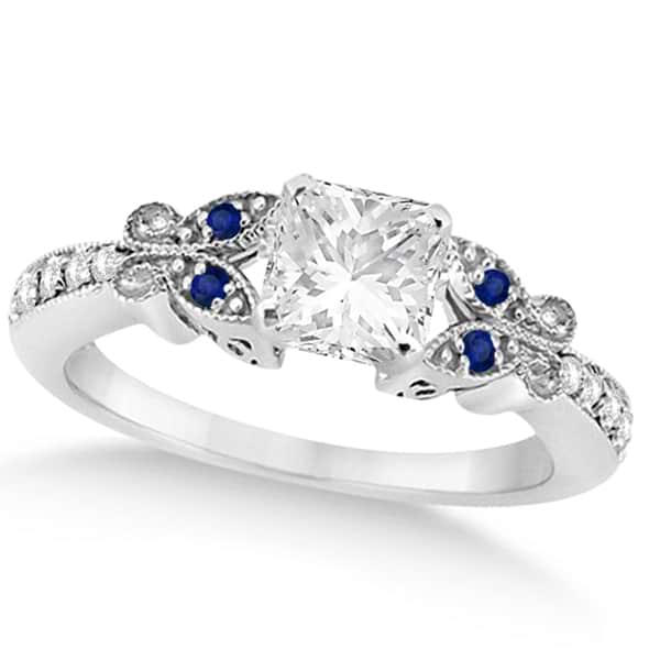 Princess Diamond & Blue Sapphire Butterfly Engagement Ring 14k W Gold 0.75ct