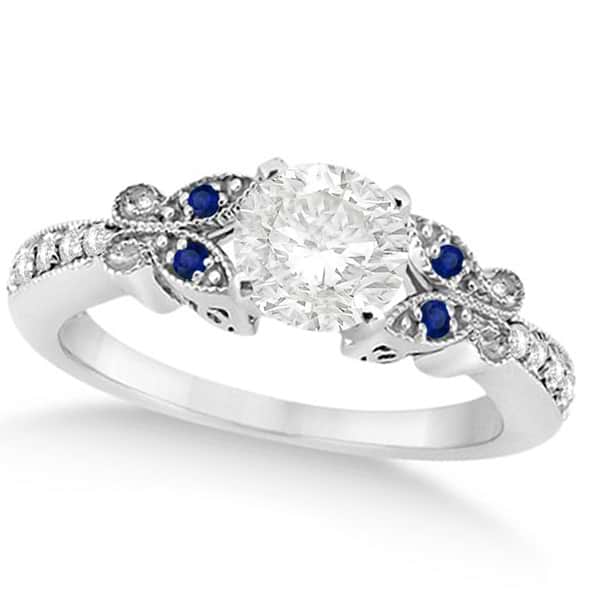 Round Diamond & Blue Sapphire Butterfly Engagement Ring 14k W Gold 0.75ct