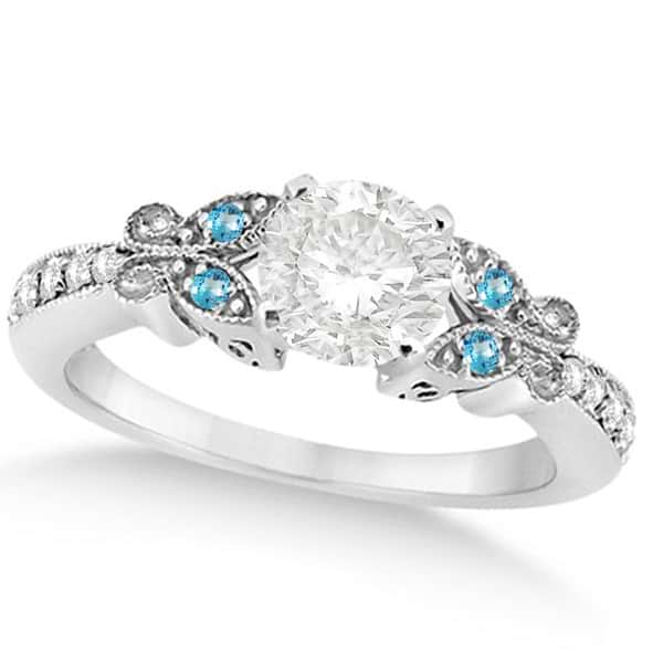 Round Diamond & Blue Topaz Butterfly Engagement Ring in 14k W Gold 0.75ct