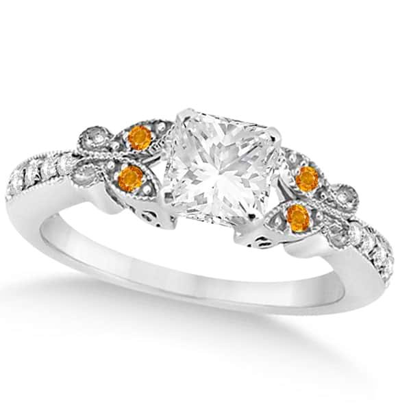 Princess Diamond & Citrine Butterfly Engagement Ring 14k W Gold 0.50ct