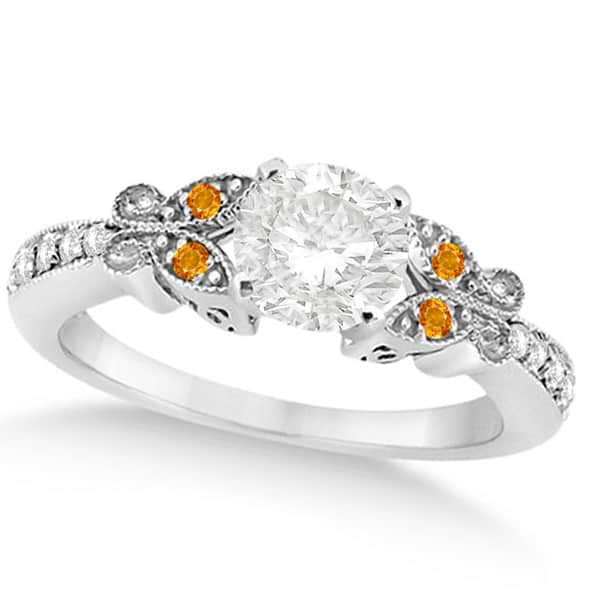Round Diamond & Citrine Butterfly Engagement Ring in 14k W Gold 0.50ct