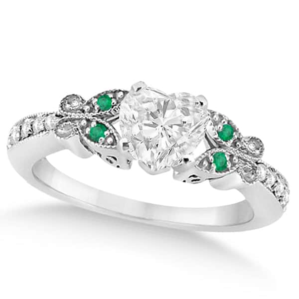 Heart Diamond & Emerald Butterfly Engagement Ring 14k W Gold 1.00ct