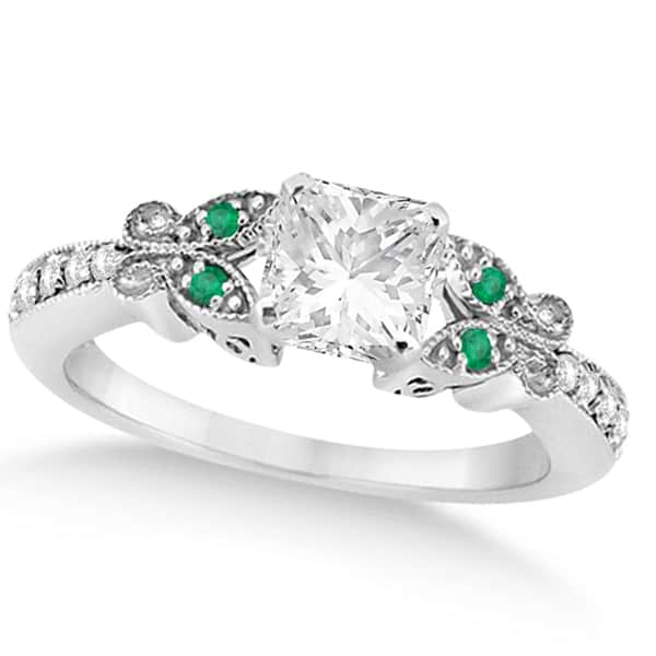 Princess Diamond & Emerald Butterfly Engagement Ring 14k W Gold 0.75ct