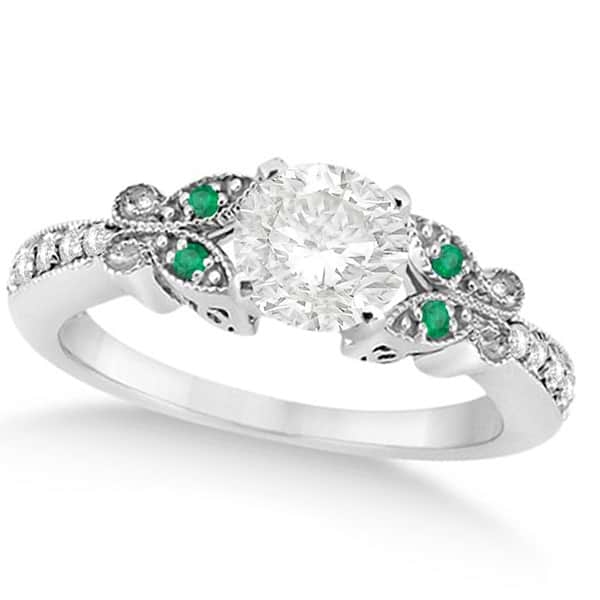 Round Diamond & Emerald Butterfly Engagement Ring in 14k W Gold 0.50ct
