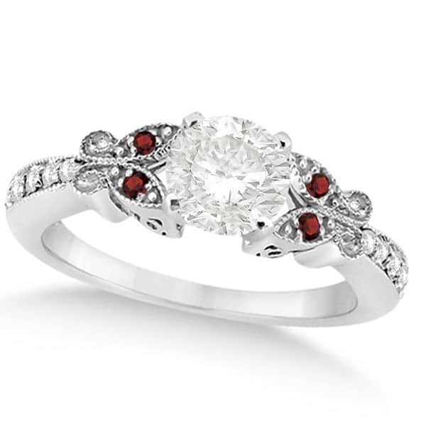 Round Diamond & Garnet Butterfly Engagement Ring in 14k W Gold (0.50ct)