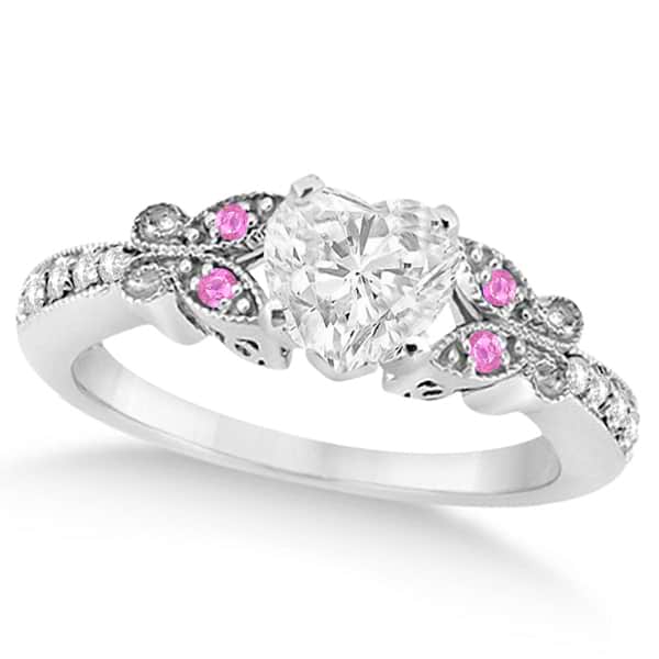 Heart Diamond & Pink Sapphire Butterfly Engagement Ring 14k W Gold 0.75ct