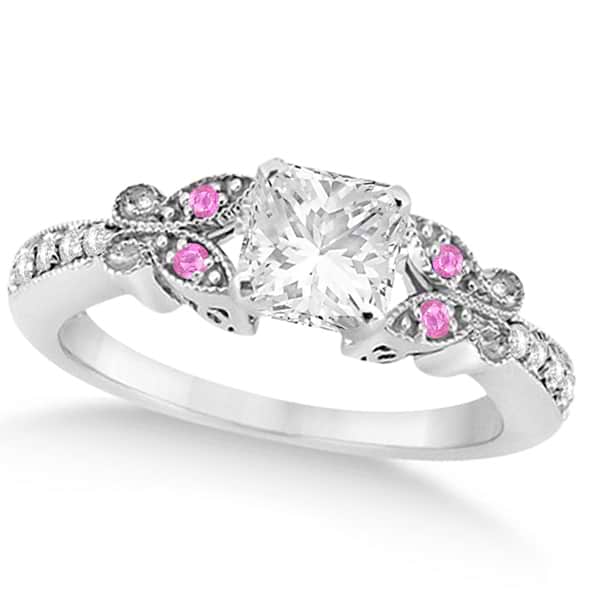 Princess Diamond & Pink Sapphire Butterfly Engagement Ring 14k W Gold 0.75ct
