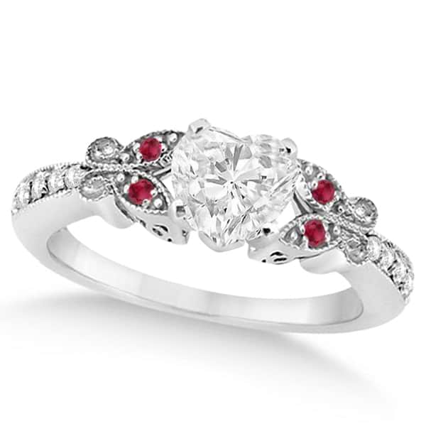 Heart Diamond & Ruby Butterfly Engagement Ring 14k White Gold (1.00ct)