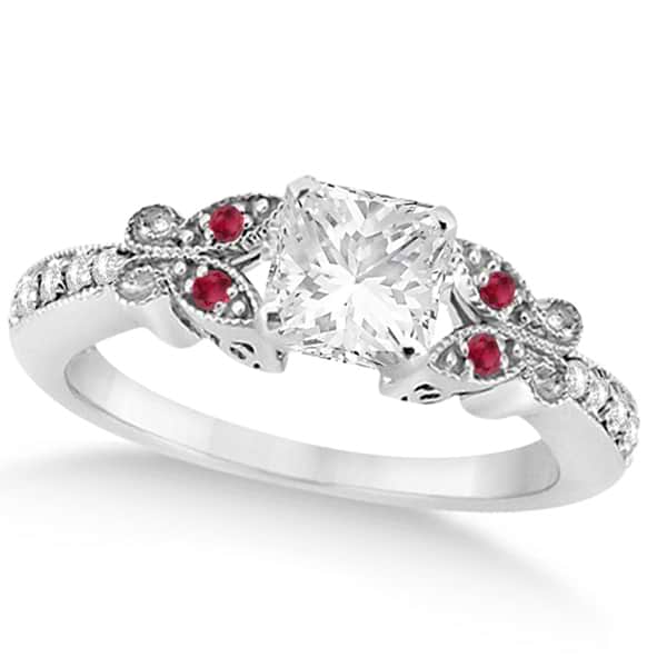 Princess Diamond & Ruby Butterfly Engagement Ring 14k White Gold (0.75ct)