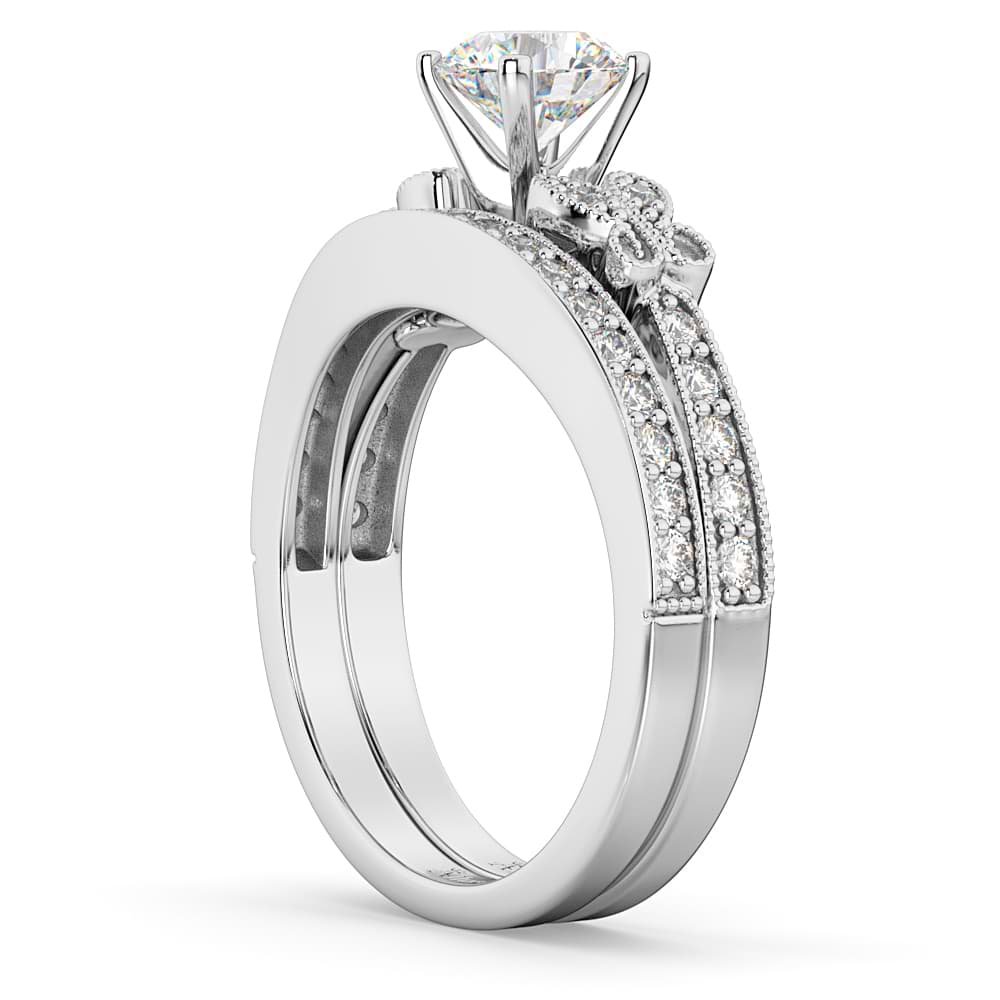 Butterfly Engagement Ring & Wedding Band Bridal Set 14k White Gold (0.42ct)