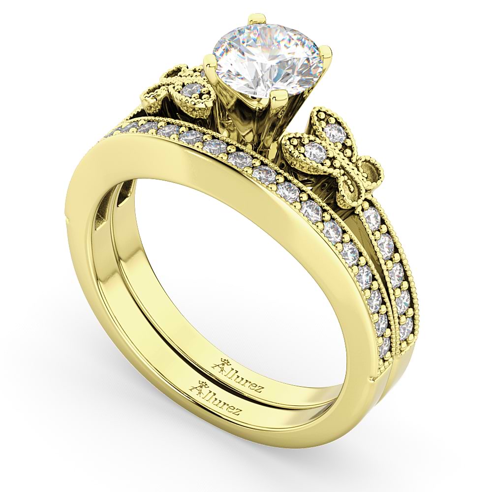 Butterfly Engagement Ring & Wedding Band Bridal Set 14k Yellow Gold (0.42ct)