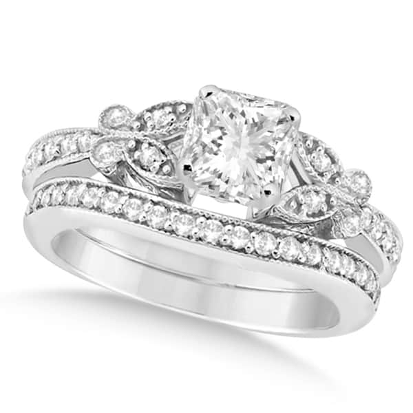 Princess Diamond Butterfly Bridal Ring Set 14k White Gold (0.96ct)