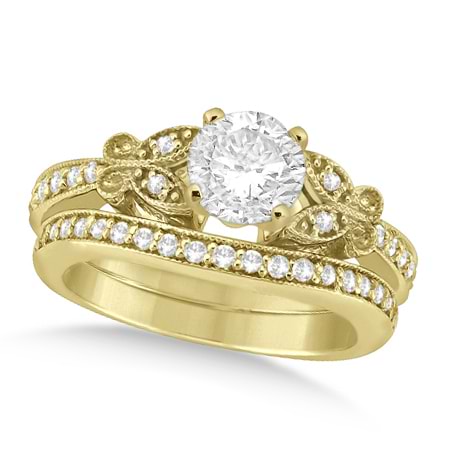 Round Diamond Butterfly Design Bridal Ring Set 18k Yellow Gold (0.96ct)