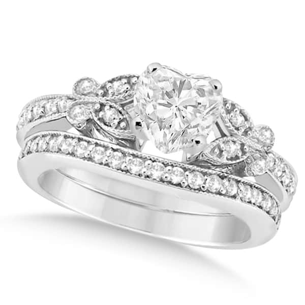 Heart Shaped Bridal Set With Unique Design In 14k White Gold