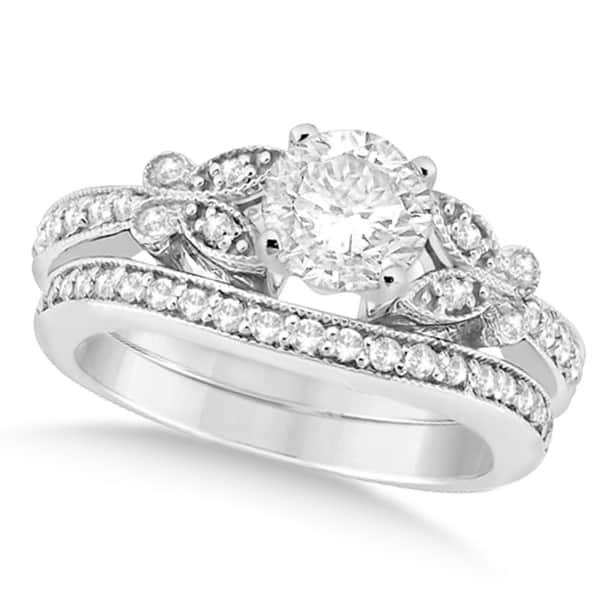Round Diamond Butterfly Design Bridal Ring Set 14k White Gold (1.21ct)