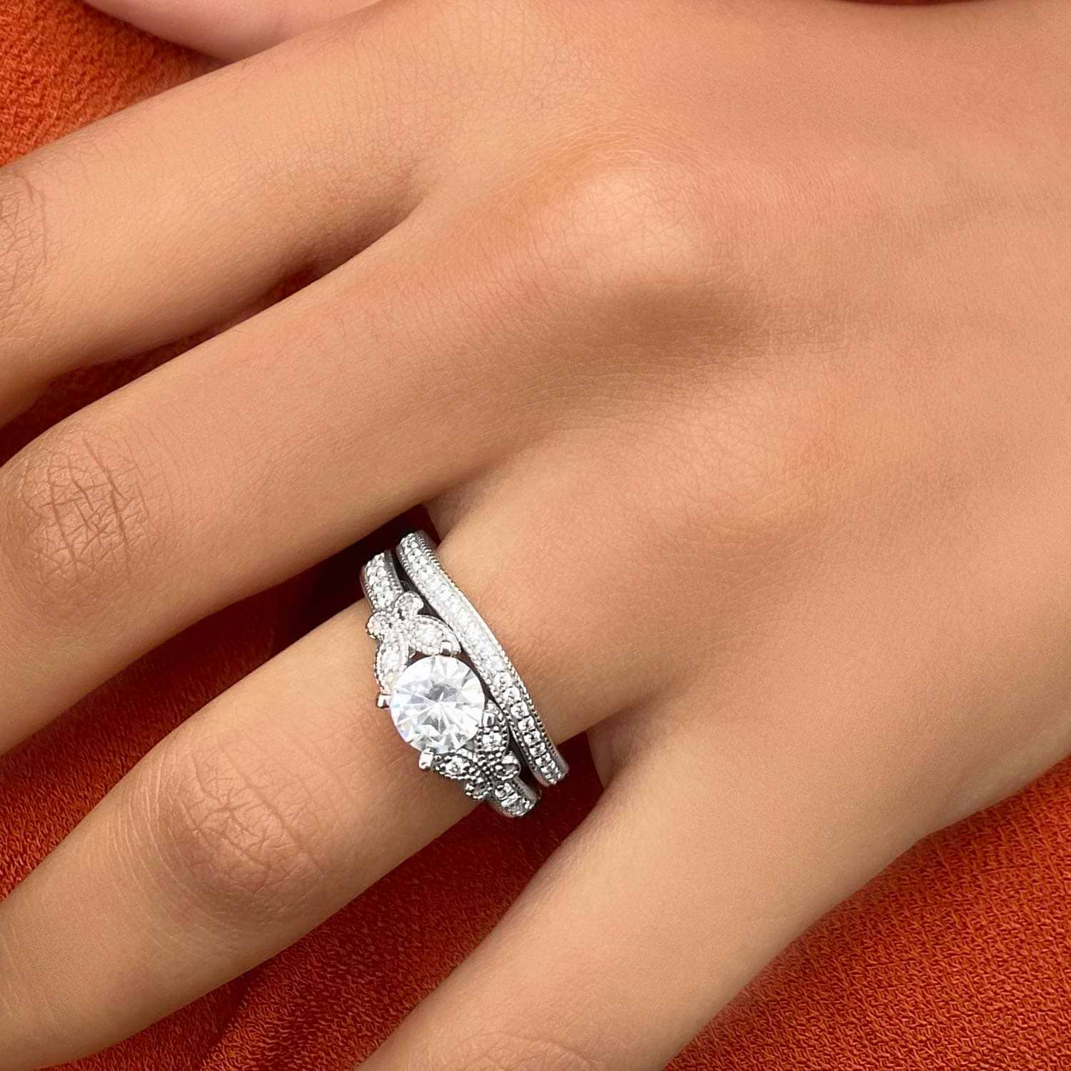 Round Diamond Butterfly Design Bridal Ring Set 18k White Gold (1.21ct)