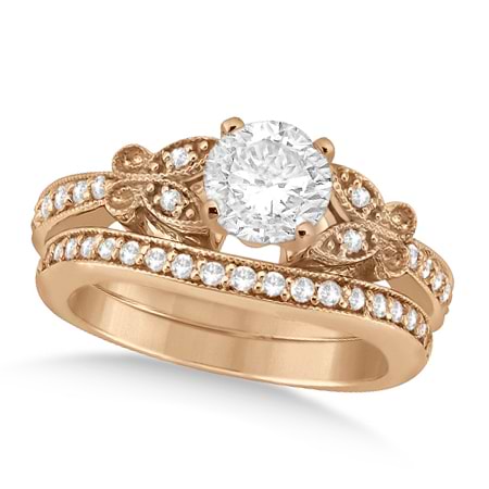 Round Diamond Butterfly Design Bridal Ring Set 14k Rose Gold (1.70ct)
