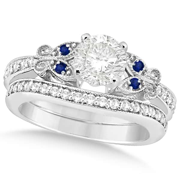 Round Diamond & Blue Sapphire Butterfly Bridal Set in 14k W Gold 0.96ct