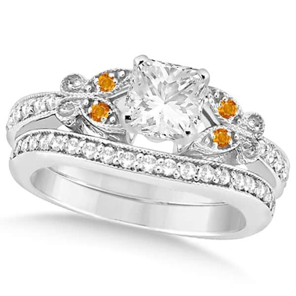 Princess Diamond & Citrine Butterfly Bridal Set in 14k W Gold (1.21ct)